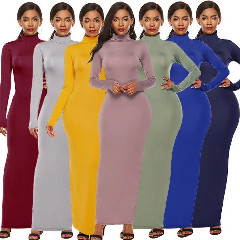 Sleeveless Women Dress in Bright Colors for Summer PartiesWomen's Polyester Spandex Fashion Solid Color Long Sleeve Stretch Slim Turtleneck Dress