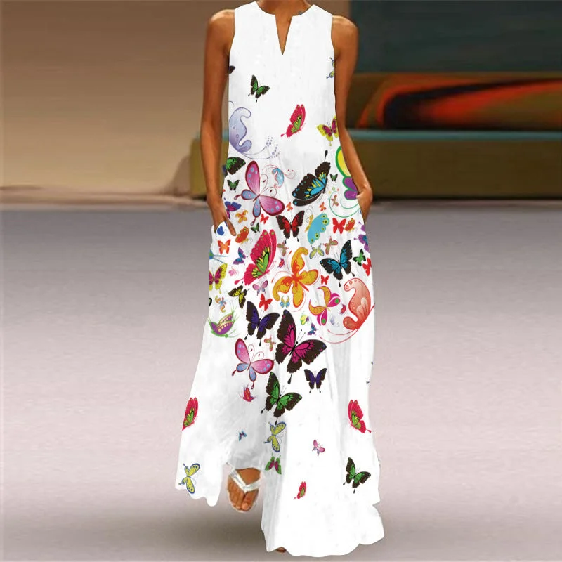 Mermaid - Style Women Dress with a Fitted Silhouette for Special OccasionsWomen's Retro Printed Digital Printing Long Collar Sleeveless Pocket Summer Sexy Dress