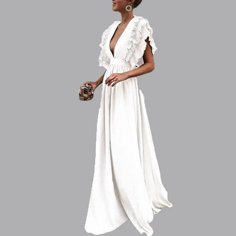 Lace - Embellished Women Dress for an Elegant and Sophisticated AppearanceWomen's Sleeves Mid Waist V-neck Backless Solid Color Long Dress