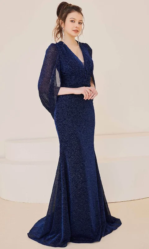 Strapless Women Dress with a Built - in Bra for Comfort and SupportJ'Adore Dresses J21023 - Cape Sleeve V-Neck Long Dress