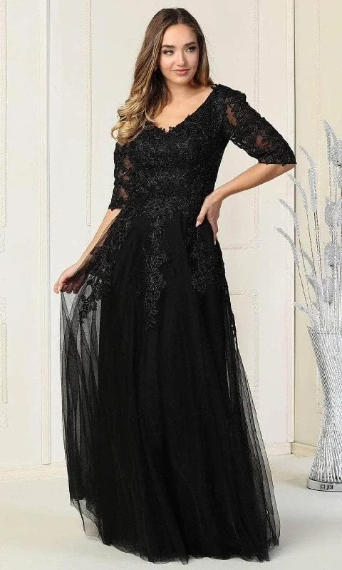 Little Black Women Dress with Sequins for a Glamorous Night OutMay Queen MQ1859 - Elbow Sleeve Lace Formal Gown