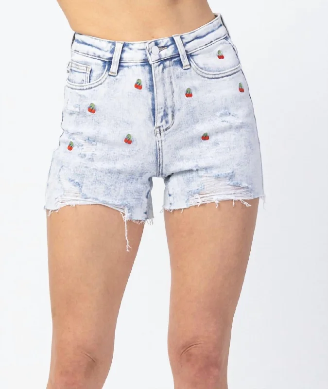 Printed Animal Print Women Shorts for a Wild and Stylish AppearanceCherry Bottom Embroidered Shorts In Acid Wash