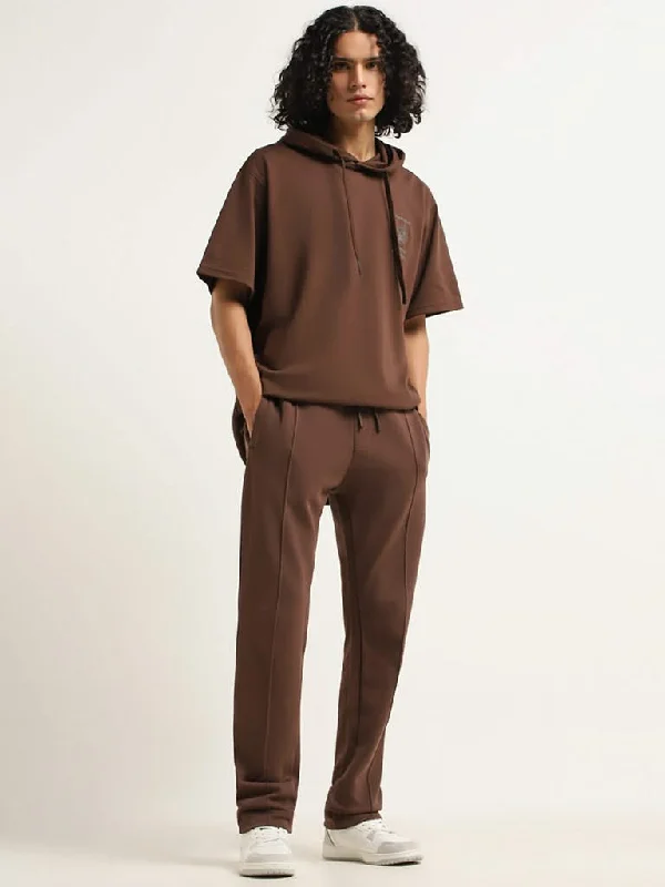 Linen Women Shorts for Breathable Comfort in Hot WeatherStudiofit Brown Plain Cotton Blend Relaxed Fit Track Pants